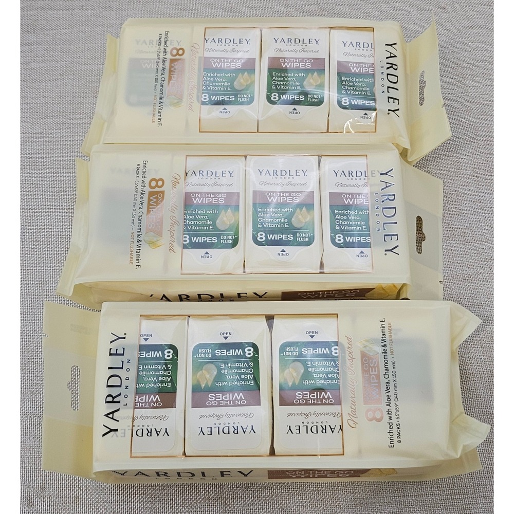 Yardley London On the Go Wipes 3pk 24ct Aloe Vera Chamomile Vit-E Travel Size
